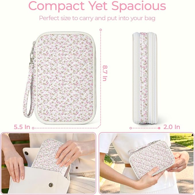 Quilted Travel Cable Organizer Pouch, Portable Electronic Accessories Carry Case, Double Layer All-in-One Storage Bag for Chargers, Cords, Phone, Gadgets (Pink Floral, M)