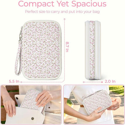 Quilted Travel Cable Organizer Pouch, Portable Electronic Accessories Carry Case, Double Layer All-in-One Storage Bag for Chargers, Cords, Phone, Gadgets (Pink Floral, M)