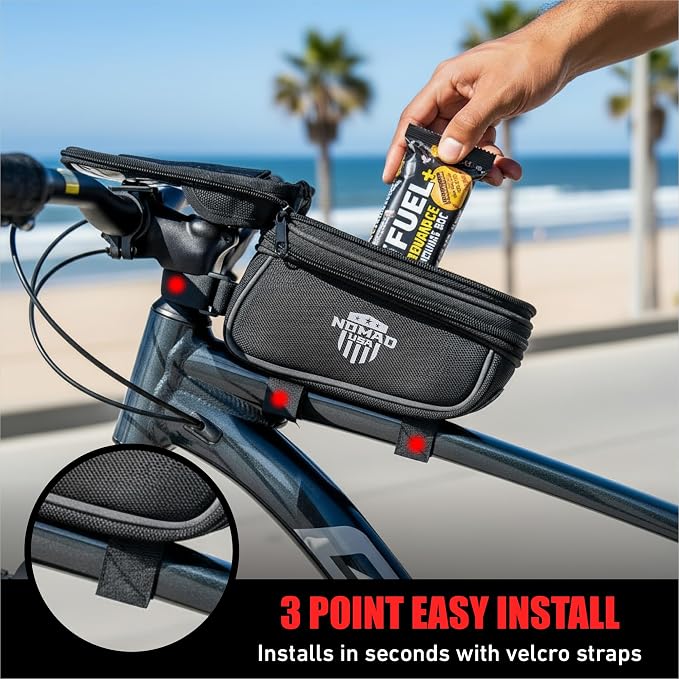 Nomad USA Bicycle Bag, Expandable Bike Tool Pouch Front Frame/Handlebar Bag, Touch Screen Waterproof Cycling Phone Fits All iPhones, Galaxy S25, Pixel Pro, Reflective Top Tube Bag for Bike Accessories