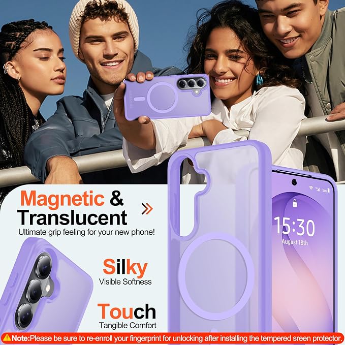 MOZOTER for Samsung Galaxy S26 Case with Magnetic,[Compatible with MagSafe][12Ft Military Dropproof][2*Screen Protector] Translucent Anti-Slip Back Slim Shockproof Case for S26-Purple