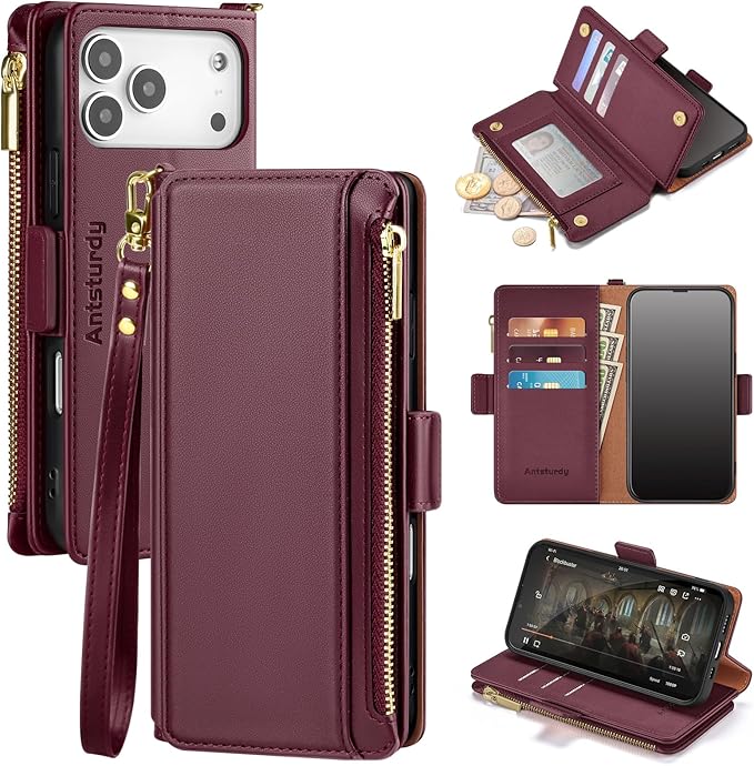 Antsturdy Compatible with iPhone 17 Pro Wallet Case Women,RFID Blocking PU Leather Phone Case Men Kickstand Flip Cover Wrist Strap Zipper Credit Card Holder Slots for Apple 17 Pro 6.3",Wine Red