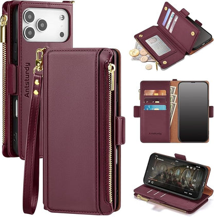 Antsturdy Compatible with iPhone 17 Pro Wallet Case Women,RFID Blocking PU Leather Phone Case Men Kickstand Flip Cover Wrist Strap Zipper Credit Card Holder Slots for Apple 17 Pro 6.3",Wine Red