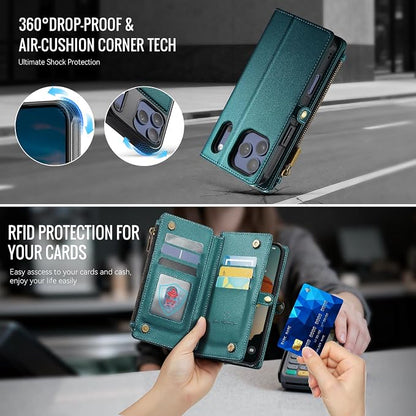 Strapurs for iPhone 17 Pro Detachable Wallet Case Compatible with Magsafe, RFID Blocking 9-Card Holder Zipper Wrist Strap Lanyard PU Leather Magnetic Phone Case for iPhone 17 Pro 6.3", Blue Green