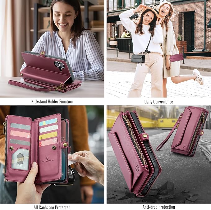 Strapurs Wallet Case Compatible with iPhone 16 Plus 6.7" RFID Blocking 10-Card Holder Soft PU Leather Magnetic Snap Shoulder Strap Zipper Pocket Phone Case Fit for iPhone 16 Plus - Wine Red