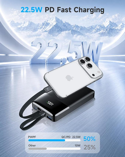 Portable Charger, 10000mAh Power Bank 22.5W PD, Built-in Cables for iPhone | Built-in Lightning & USB-C cables, 22.5W fast output, 18W input, charge 4 devices at once, compact design, 18-month warranty.