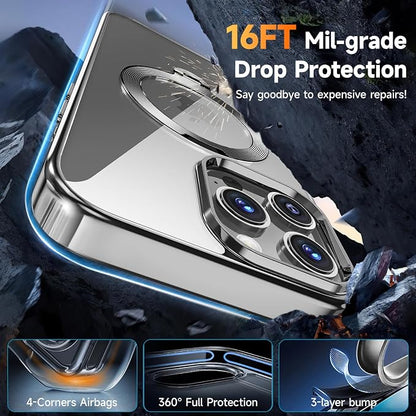 [Tri-Shield Protection] for iPhone 15 Pro Max Case with 360° Spin Stand Compatible with MagSafe [Magnetic CD Ring][Screen & Camera Protector]Shockproof Plating Never-Yellowing, Natural Titanium-6.7"