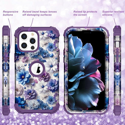 Hocase for iPhone 13 Pro Max Case, Heavy Duty Shockproof Protection Soft Silicone Rubber Bumper+Hard Plastic Hybrid Protective Case for iPhone 13 Pro Max (6.7") 2021 - Blue Purple Flowers