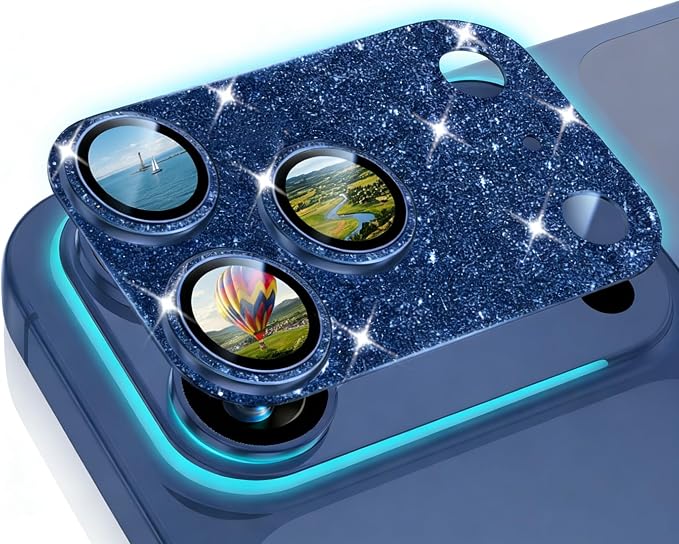 Glitter Bling Ring Camera Lens Protector cover for iPhone 17 Pro Max Women, 9H Hardness Tempered Glass Lens Protector, Anti-Scratch, Cosmic Orange (blue)