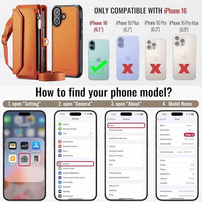 Strapurs for iPhone 16 Detachable Wallet Case Compatible with Magsafe for Women, RFID Blocking 9-Card Holder Zipper Wrist Strap Lanyard PU Leather Magnetic Phone Case for iPhone 16 6.1", Orange