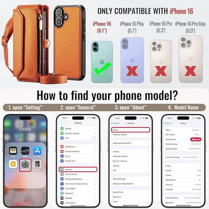 Strapurs for iPhone 16 Detachable Wallet Case Compatible with Magsafe for Women, RFID Blocking 9-Card Holder Zipper Wrist Strap Lanyard PU Leather Magnetic Phone Case for iPhone 16 6.1", Orange