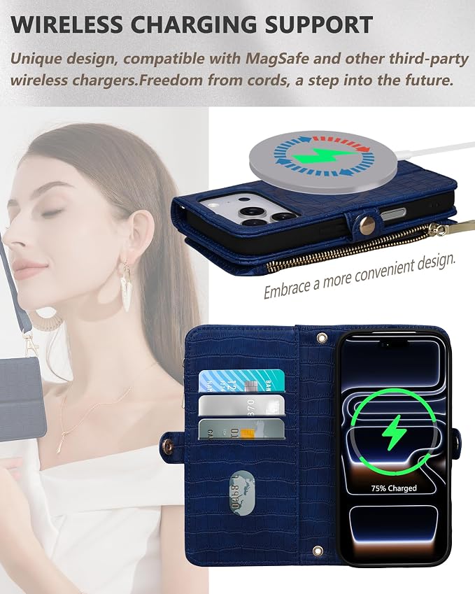 Crossbody Wallet Case for iPhone 17 Pro with Mirror, Wrist Strap, Zipper Purse Magnetic Flip, RFID Blocking Card Holder, Wireless Charging, PU Leather Shockproof 6.3" Women (Navy Blue)