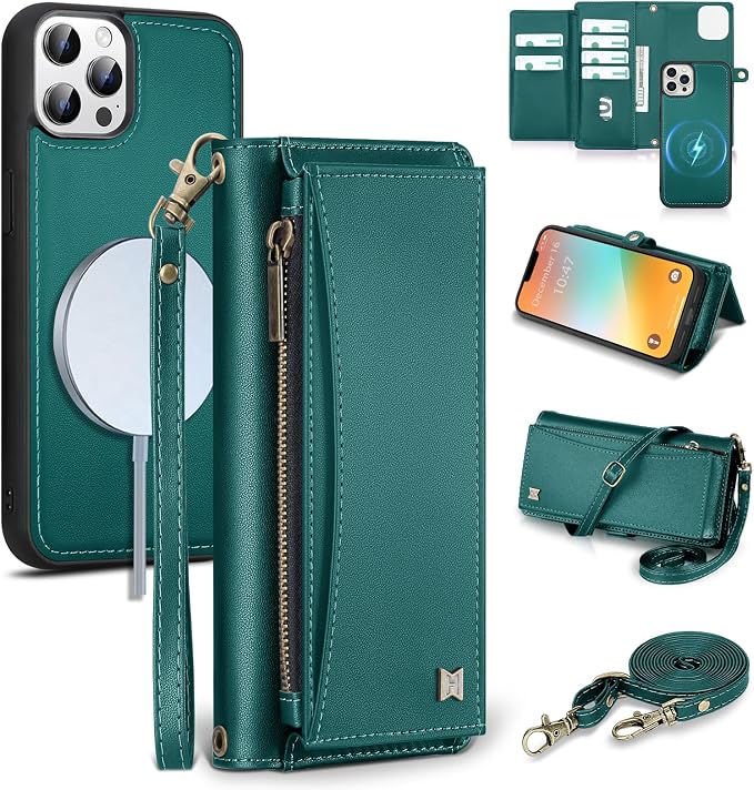 Wallet Case for iPhone 13 Pro with Card Holder/Crossbody Wallet/Strap| RFID Blocking | Magnetic | Kickstand | Detachable | PU Leather Phone Case for iPhone 13 Pro,6.1 in,Green