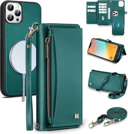 Wallet Case for iPhone 13 Pro with Card Holder/Crossbody Wallet/Strap| RFID Blocking | Magnetic | Kickstand | Detachable | PU Leather Phone Case for iPhone 13 Pro,6.1 in,Green