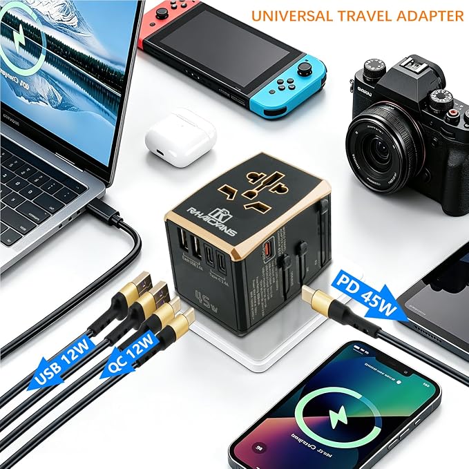 International Power Adapter 45W with 5-Port (3x USB-C + 2x USB-A) Wall Charger for 150+ Countries - Compact Universal Travel Plug Adapter for USA, EU, UK, AU, Asia