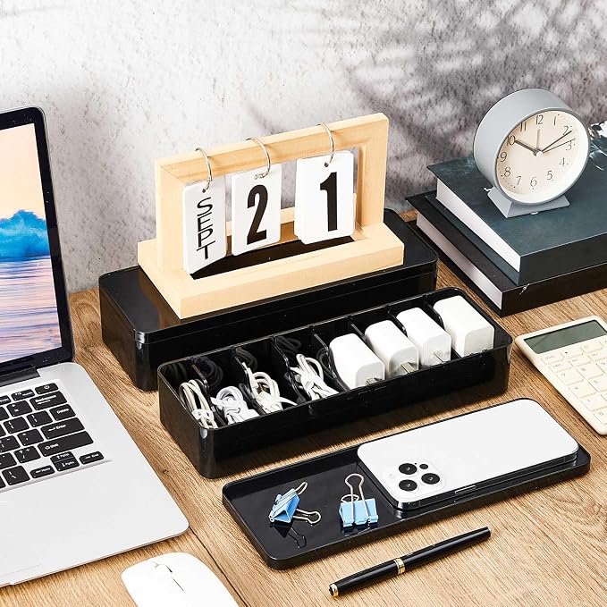 Tatuo 2 Pcs Cord Organizer for Drawer Desktop, Cable Organizer Box with 8 Compartments and Wire Ties, Plastic Charger Storage with Lid, Electronics Case for Home Office Accessories (Small,Black)
