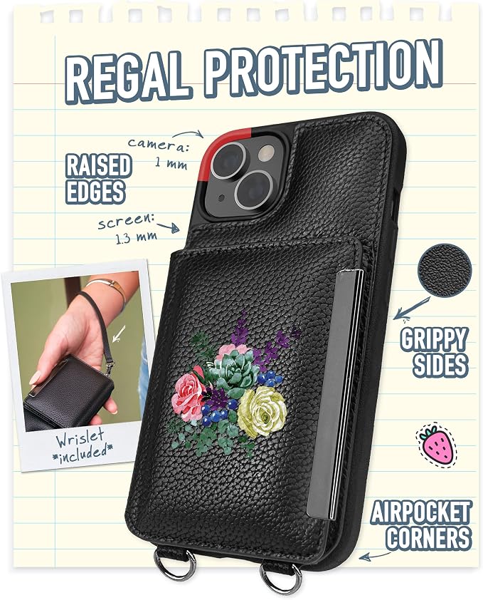 Smartish iPhone 14 Crossbody Wallet Case - Dancing Queen [Purse/Clutch with Detachable Strap & Wristlet] Protective Cover with Credit Card Holder - Catch The Bouqet