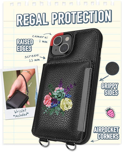 Smartish iPhone 14 Crossbody Wallet Case - Dancing Queen [Purse/Clutch with Detachable Strap & Wristlet] Protective Cover with Credit Card Holder - Catch The Bouqet