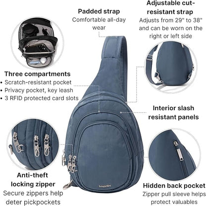 Baggallini Securtex® Anti-Theft Multi Zip Sling - Lightweight 8.6"x15.2" Travel Bag with Locking Zippers & RFID Protection