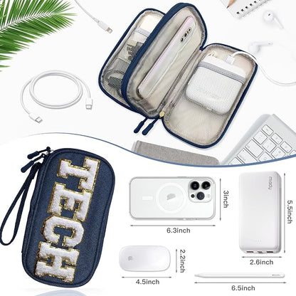 COSHAYSOO Small Electronics Organizer Bag with Chenille Letter Patch for Women Travel Gift, Cord Charger Cable Traveling Accessory Pouch Essential Supply Storage Case (Navy Blue)