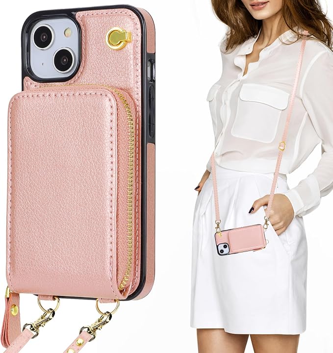 KIHUWEY Crossbody Wallet Case for iPhone 13 iPhone 14, Zipper Pocket Case with Card Holder, PU Leather RFID Protective Cover Case with Kickstand Detachable Wrist Strap Lanyard 6.1" (Rose Gold)