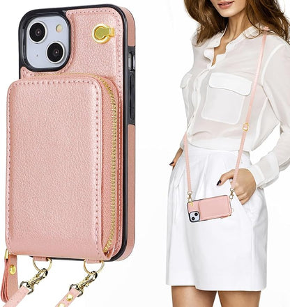 KIHUWEY Crossbody Wallet Case for iPhone 13 iPhone 14, Zipper Pocket Case with Card Holder, PU Leather RFID Protective Cover Case with Kickstand Detachable Wrist Strap Lanyard 6.1" (Rose Gold)