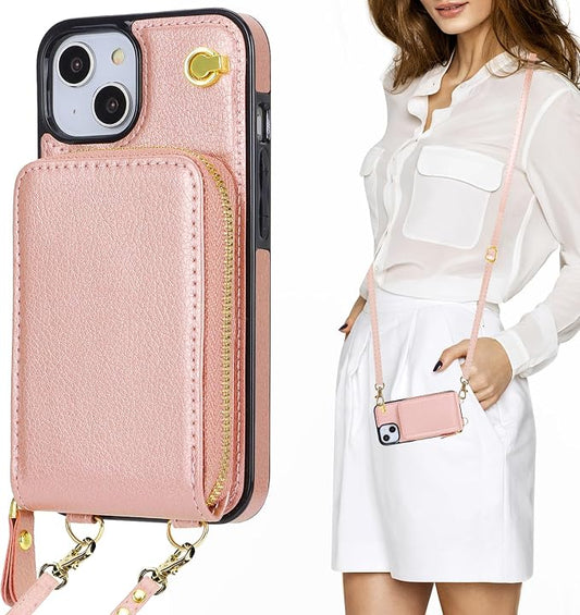 KIHUWEY Crossbody Wallet Case for iPhone 13 iPhone 14, Zipper Pocket Case with Card Holder, PU Leather RFID Protective Cover Case with Kickstand Detachable Wrist Strap Lanyard 6.1" (Rose Gold)