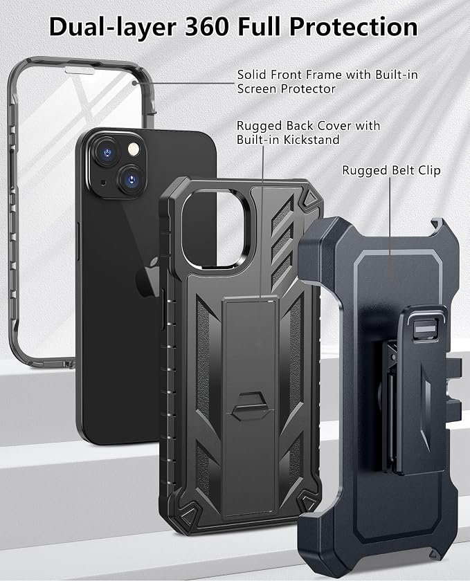 for iPhone 13/14/15 Phone Case: for iPhone 16e Protective Cover with Belt Clip Holster | Durable Dual-Layer Design with Built-in Kickstand | Heavy Duty Military Grade Hard Protection Shock Proof