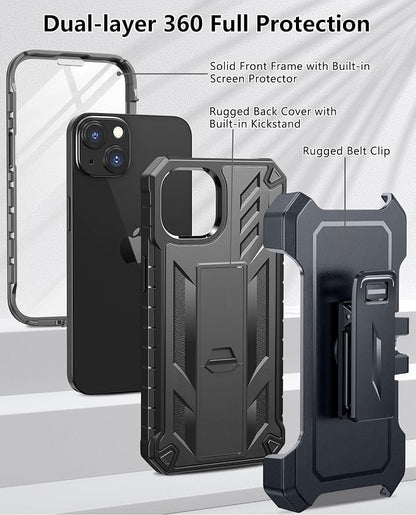 for iPhone 13/14/15 Phone Case: for iPhone 16e Protective Cover with Belt Clip Holster | Durable Dual-Layer Design with Built-in Kickstand | Heavy Duty Military Grade Hard Protection Shock Proof