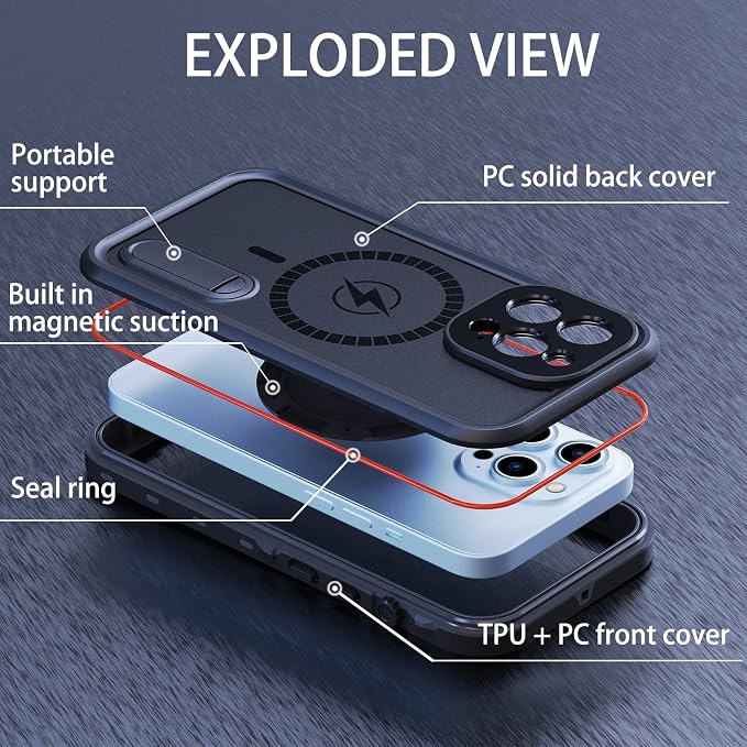 Omio for iPhone 13 Pro Max Waterproof Case Compatible with MagSafe, Magnetic Full Body IP68 Shell with Built-in Screen Protector Military Grade Shockproof Cover with Stand for Men Women Black