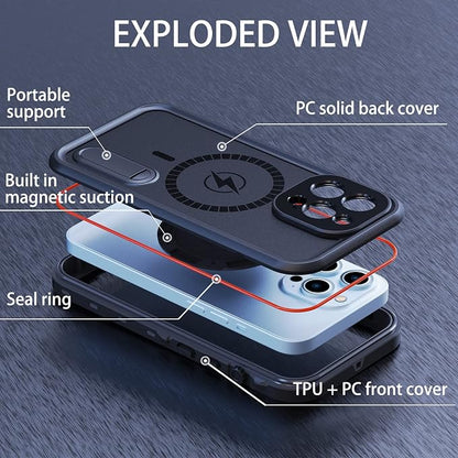 Omio for iPhone 13 Pro Max Waterproof Case Compatible with MagSafe, Magnetic Full Body IP68 Shell with Built-in Screen Protector Military Grade Shockproof Cover with Stand for Men Women Black