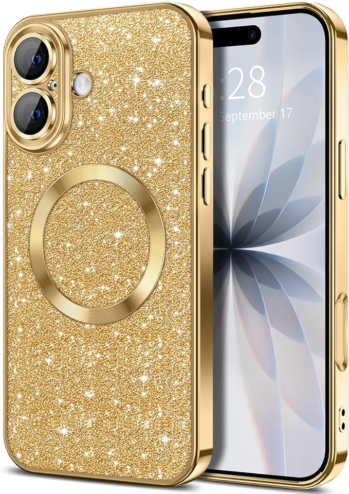 Hython for iPhone 17 Case Glitter Clear Magnetic Phone Cases [Compatible with MagSafe] Full Camera Lens Protector Sparkle Luxury Plating Slim Shockproof Protective Cover Women, Gold
