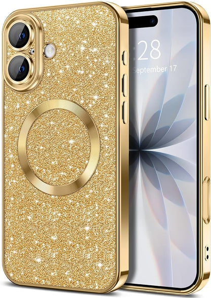 Hython for iPhone 17 Case Glitter Clear Magnetic Phone Cases [Compatible with MagSafe] Full Camera Lens Protector Sparkle Luxury Plating Slim Shockproof Protective Cover Women, Gold