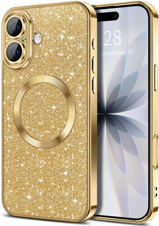 Hython for iPhone 17 Case Glitter Clear Magnetic Phone Cases [Compatible with MagSafe] Full Camera Lens Protector Sparkle Luxury Plating Slim Shockproof Protective Cover Women, Gold
