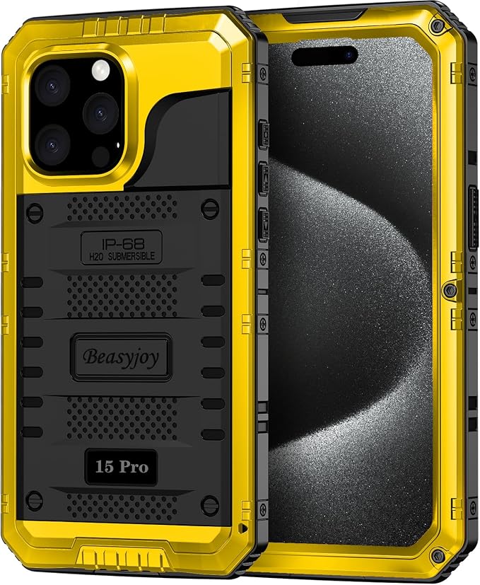 Beasyjoy Compatible with iPhone 15 Pro Case Waterproof, Metal Heavy Duty Full Body Protective Case with Built in Screen Protector, Military Grade Shockproof Defender Cover for 15 Pro 6.1", Yellow