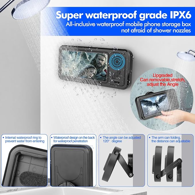Wireless Bluetooth Speaker for Bathroom , Shower Phone Holder Speaker , Waterproof 360 Rotation Viewable Shower Phone Case Speakers for Bathroom Wall Mirro Compatible with iPhone, Galaxy(Black)