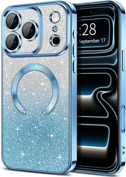 Hython for iPhone 17 Pro Max Case Glitter Clear Magnetic Phone Cases [Compatible with MagSafe] Full Camera Lens Protector Sparkle Luxury Plating Slim Shockproof Protective Cover, Gradient Light Blue