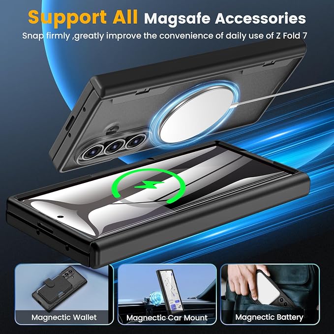Caka Magnetic for Samsung Galaxy Z Fold 7 Case with Hinge Protection Black | Compatible with MagSafe, Built-in Outer Screen Protector, Hinge Guard, Translucent Matte Back, 360° Hybrid Drop Defense