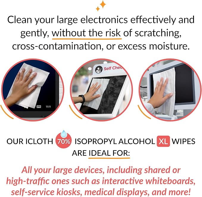 iCloth XL Wipe - 9x12 Inch Electronics Cleaning Wipe, 70% Isopropyl Alcohol, Individually Sealed - Streak-Free, Lint-Free, Restores Optical Clarity - TV, Monitor, Laptop (24 Wipes)
