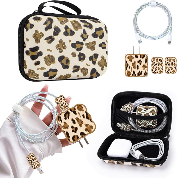 CameCosy DIY Phone Charger Cover Storage Sets USB Earphone Wire Saver Cable Organizer with Travel Storage Bag, Soft Cute Cable Protector Cord Organizer Compatible for iPhone(Leopard)