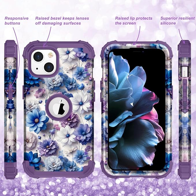 Hocase for iPhone 14 Case/iPhone 13 Case, Heavy Duty Shockproof Protection Soft Silicone Rubber+Hard Plastic Bumpers Hybrid Protective Case for iPhone 13/14 (6.1") - Blue Purple Flowers