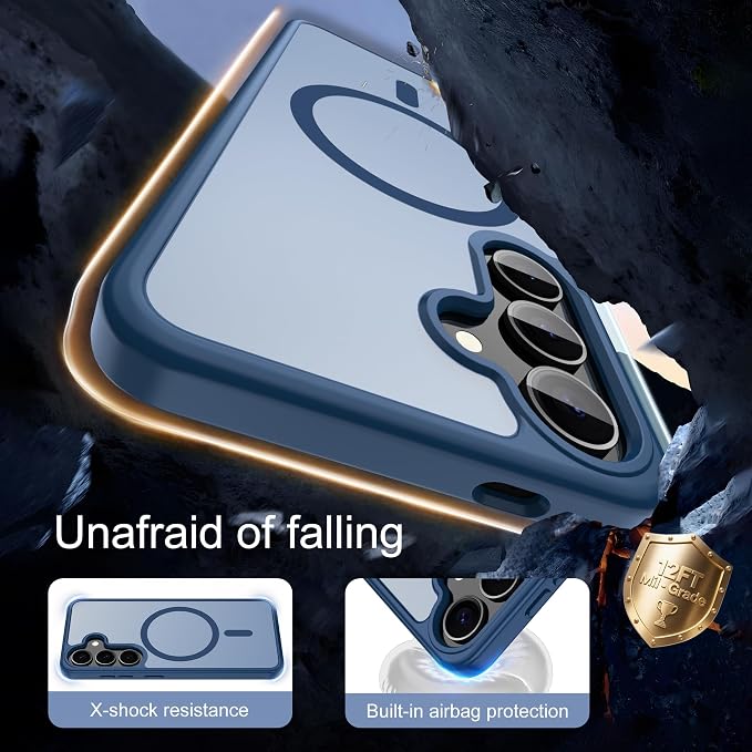 For Samsung Galaxy S24 Case & Galaxy S25 Case [Compatible with Magsafe] Translucent Matte Magnetic Phone Case,Slim Thin Duty Shockproof Protection with 2pc Screen Protector for S24/S25-Dark blue