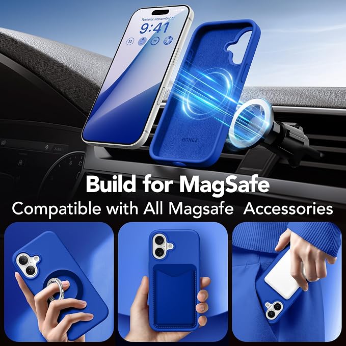 GONEZ Magnetic for iPhone 17 Case, Compatible with MagSafe, [Screen Protector + Camera Lens Protector], Liquid Silicone Anti-Scratch Shockproof Protective Phone Case 6.3 inch, Klein Blue