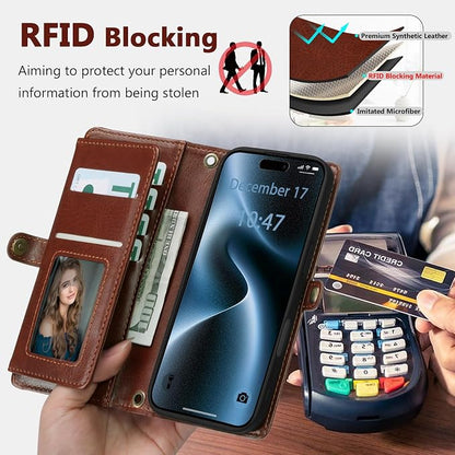 Wallet Case for iPhone 15 Pro Max with Card Holder/Crossbody Wallet/Strap| RFID Blocking | Magnetic | Kickstand | Detachable | PU Leather Phone Case for iPhone 15 Pro Max,6.7 in,Brown