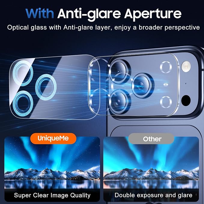 UniqueMe Compatible for 3 Pack iPhone 17 Pro Max Camera Lens Protector - [Drop Protection] [Case Friendly] 9H Tempered Glass Camera Cover Screen [Update New Version] - Glitter Blue
