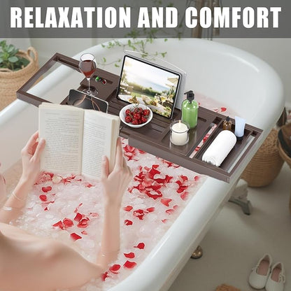 Foldable Bathtub Caddy Tray for Tub,Bamboo Expandable Bath Table Trays,Premium Bathroom Accessories for New Home & Mothers Day & Birthday Gifts for Couples,Brown