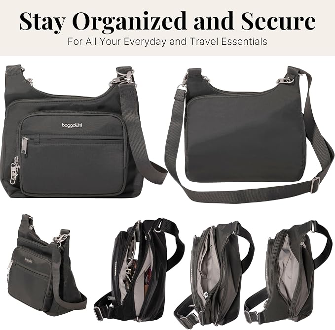 Baggallini Securtex Anti-theft Crossover Crossbody Bag 11”w X 8.5”h, Rfid, Built-in Wallet, Locking Zippers