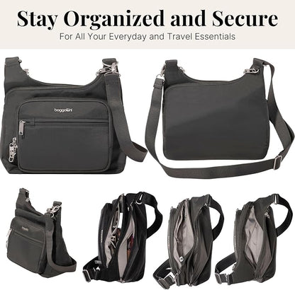 Baggallini Securtex Anti-theft Crossover Crossbody Bag 11”w X 8.5”h, Rfid, Built-in Wallet, Locking Zippers
