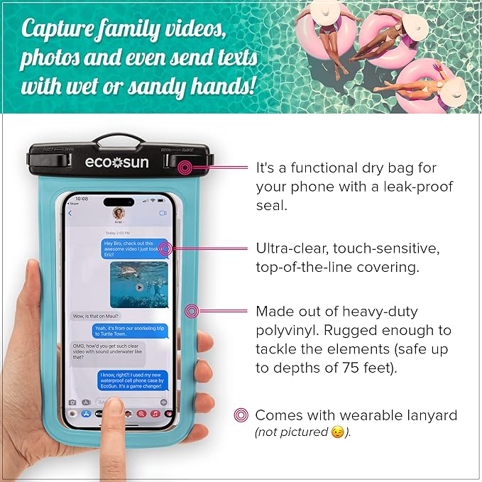 Eco Sun Waterproof Phone Pouch (2-Pack) — Designed in Hawaii — Case Fits All iPhones (incl. 17 Pro Max), Samsung Galaxy S24 & More (Black/Blue)