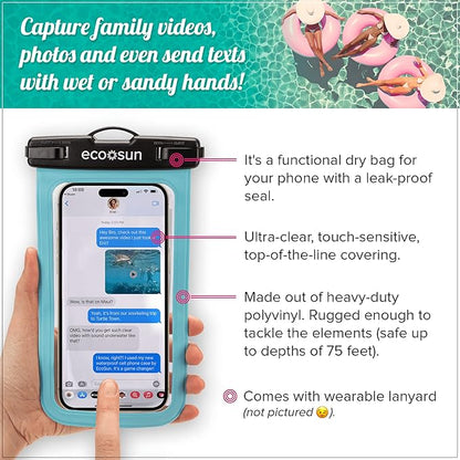 Eco Sun Waterproof Phone Pouch (2-Pack) — Designed in Hawaii — Case Fits All iPhones (incl. 17 Pro Max), Samsung Galaxy S24 & More (Black/Blue)