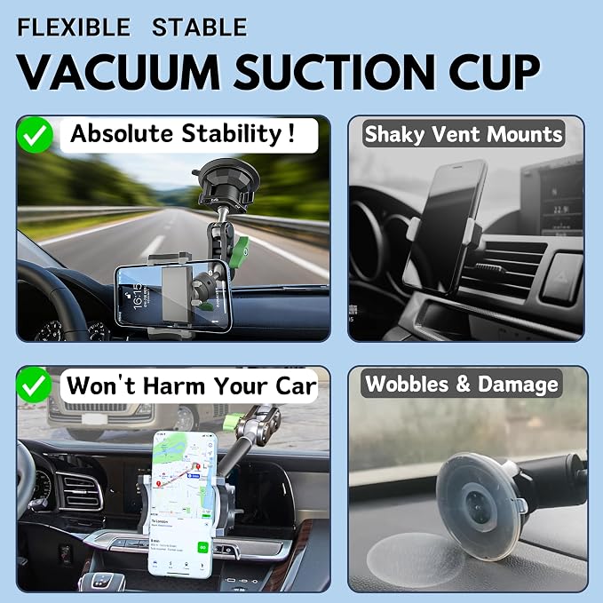 Car Phone Holder-Phone Mount for Car Windshield & Truck-Holder with 360° Rotating Metal Arm-Mount with Super Stable Suction Cup for All Vehicles